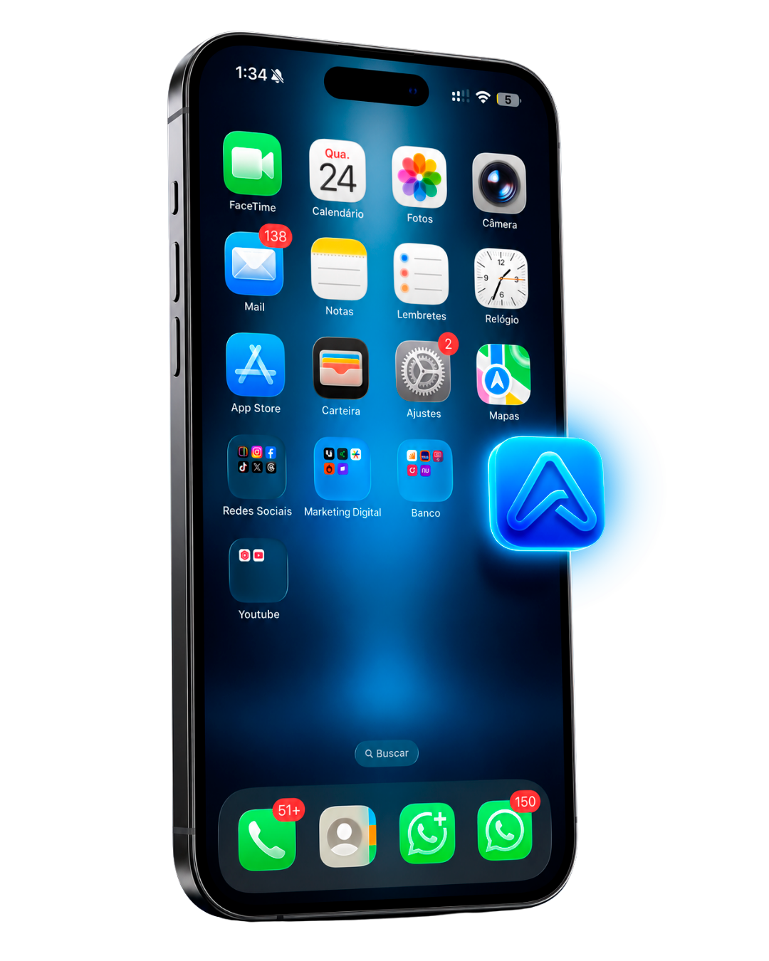 App nativo da AveronApp na tela inicial do celular, ao lado dos apps de redes sociais